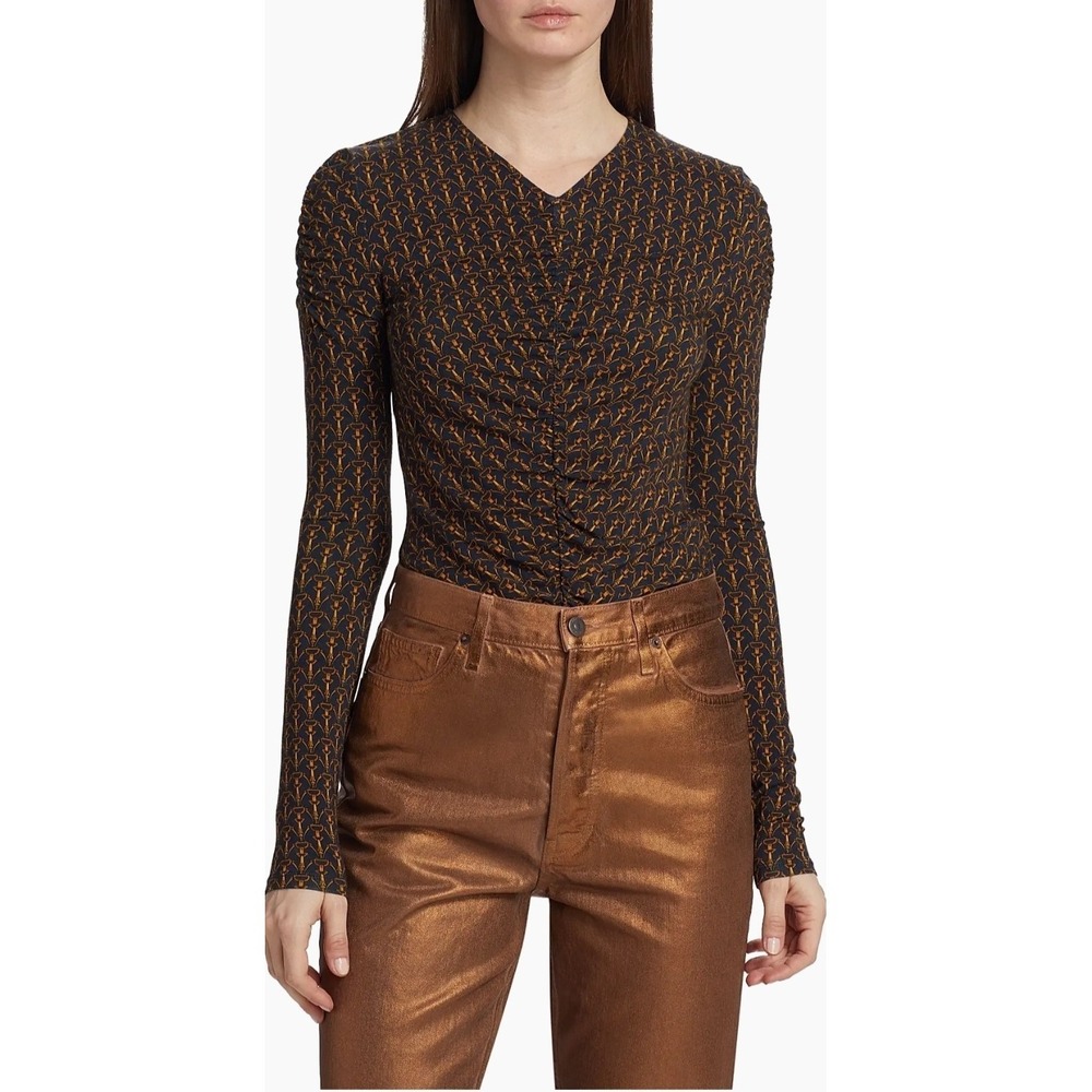 Veronica Beard Neeta Ruched Long Sleeve Top Horsebit Equestrian Classic V Neck M - Picture 5 of 13
